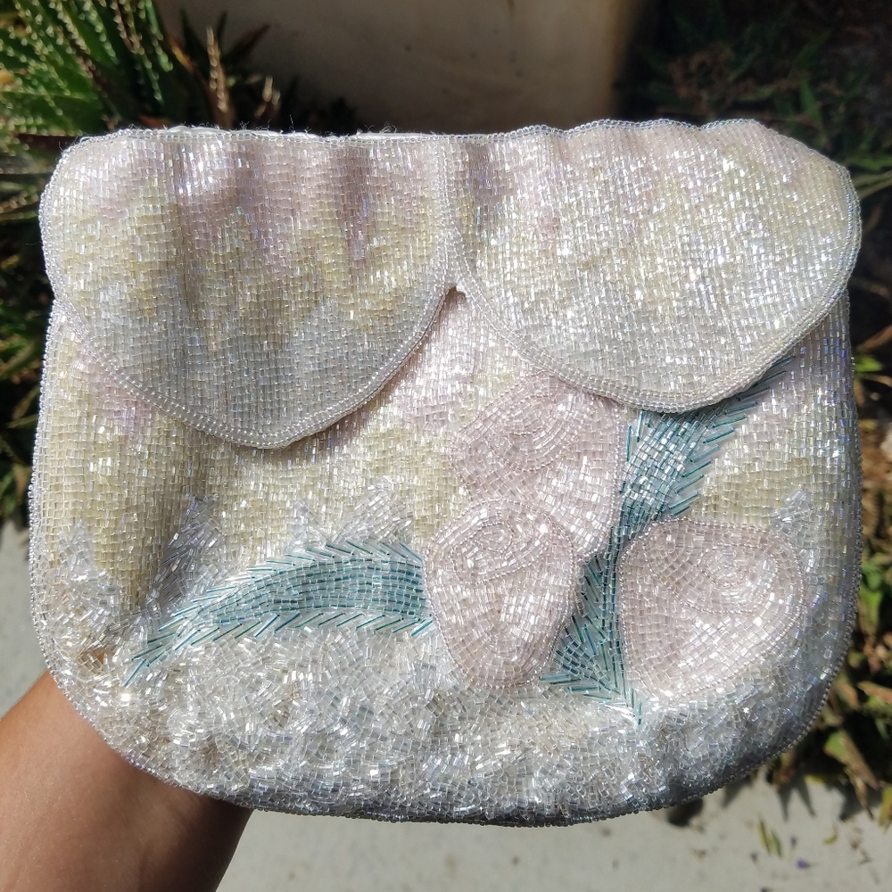 Vintage Off White Pastel Floral Beaded Purse Pouch Handbag Shoulder Bag